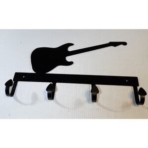Vtg 4 Hook Guitar Coat Hat Towel Wall Mounted Rack Black Metal Decor